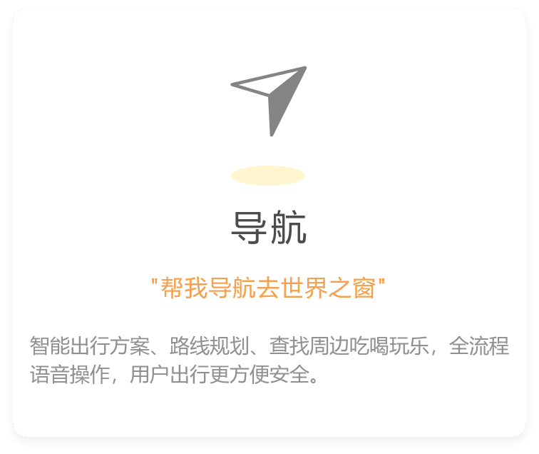 智能出行方案、路线规划、查找周边吃喝玩乐，全流程语音操作，用户出行更方便安全